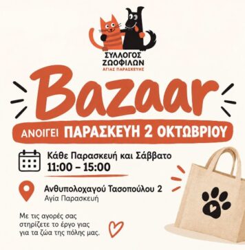 Bazaar Ζωόφιλων – Ανοίγει Παρασκευή 2/10 Τασοπούλου 2